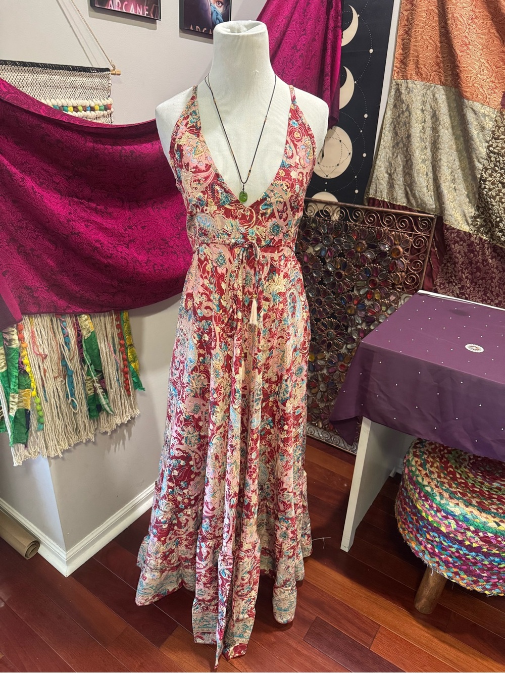 Rhea Bohemian Floral Halter Maxi Dress in Red and Cream,